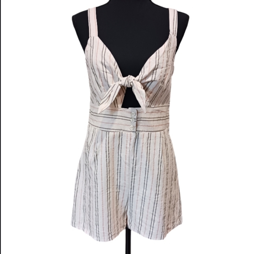 Bershka Striped Tie Front Keyhole Shorts Romper